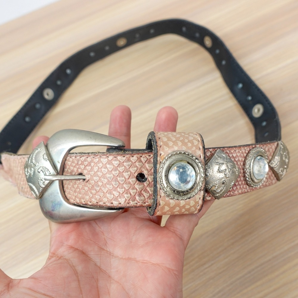 VTG LEATHEROCK Leather Belt XS Pink Snakeskin Concho Crystal Stud Hippy Embossed